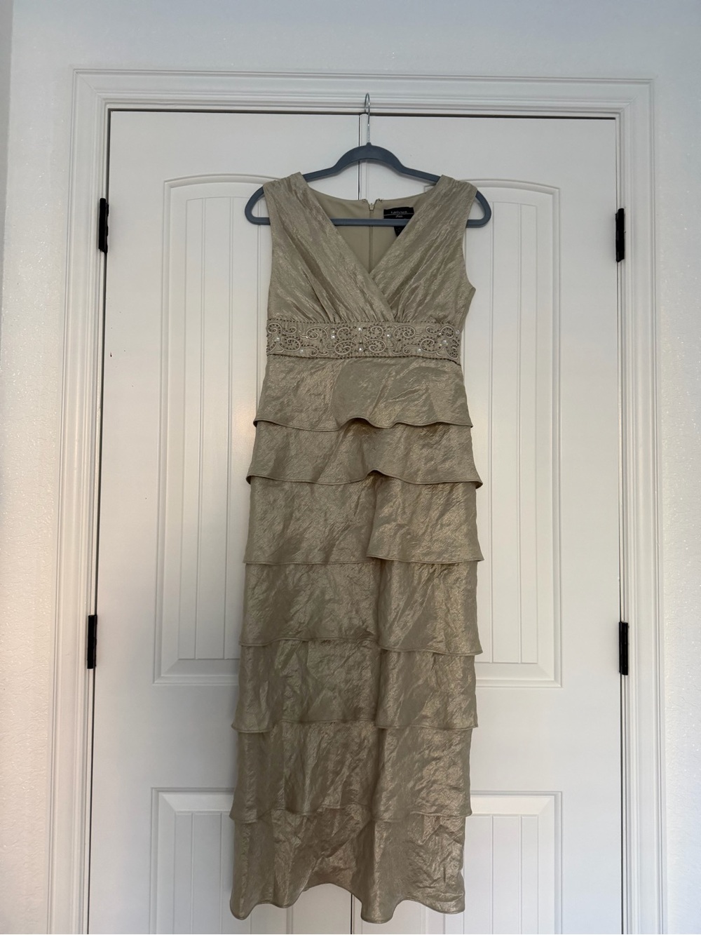 R&M Richards Champagne Tiered Beaded Waist Midi Dress